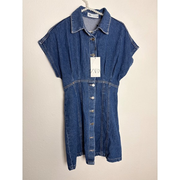 Zara Dresses & Skirts - Zara Denim Mini Dress Large‎ Blue NEW Button Down Cap Sleeve Tailored Structured